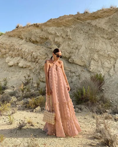 Fashion Halter Neck Three dimensional Flower Mopping Cake Dress Pink - Shop at LoveMi