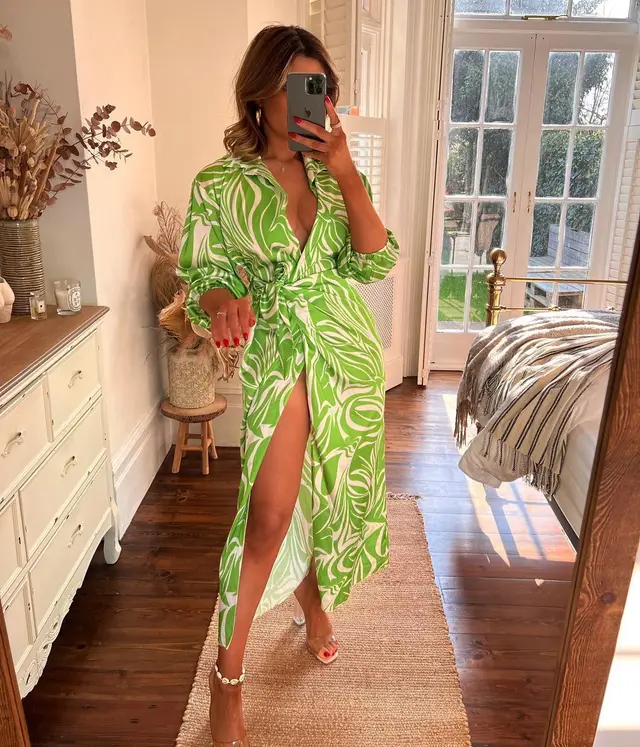 Fashion Print Balloon Sleeve Tie Slit Wrap Dress Green - Shop at LoveMi
