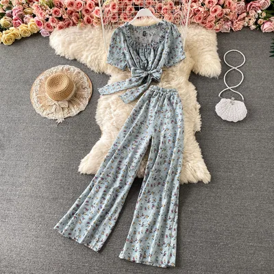 Temperament Retro Waist Short Floral Square Neck Chiffon Shirt Light Blue - Shop at LoveMi