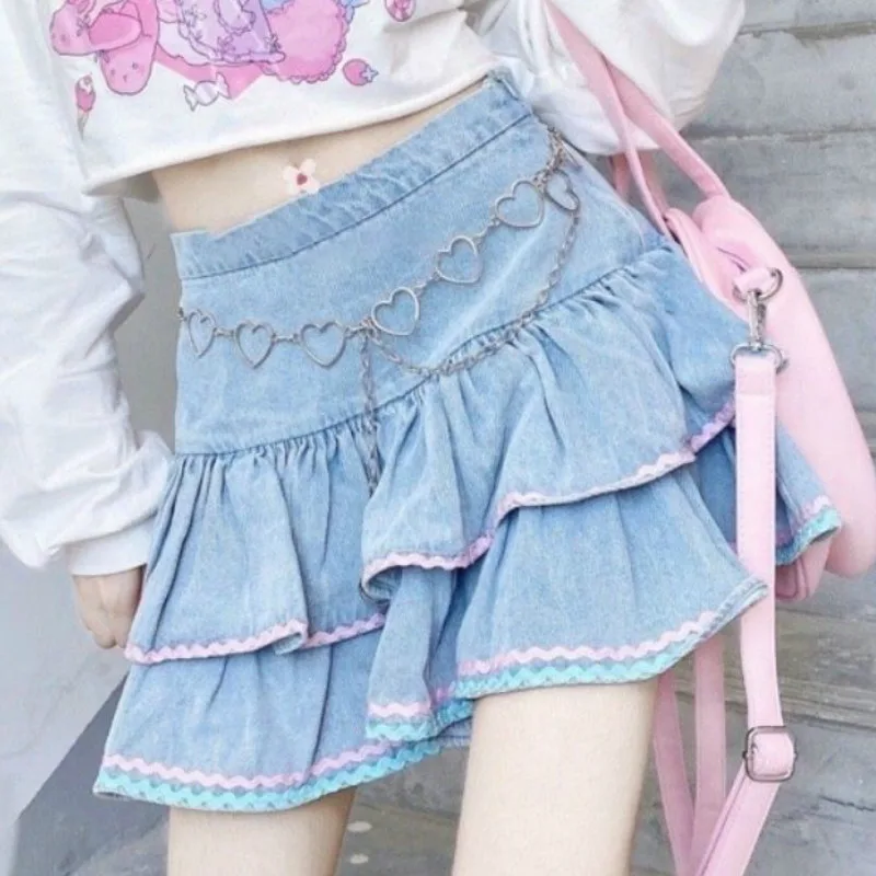 Cowboy Cake Short Skirt Sweet Girl Cute High Waist - Denim Cake Skirt With Chain