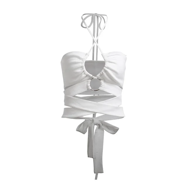 Women's Summer Strappy Cropped Navel Tie Halter Camisole White - Shop at LoveMi