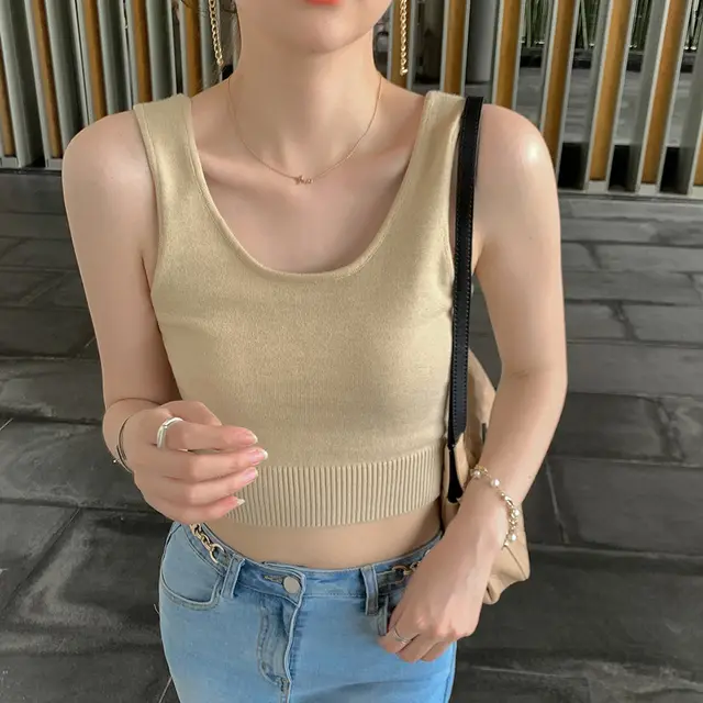 Women's Summer Slim High Waist Sleeveless Striped Knit Camisole Beige - Shop at LoveMi