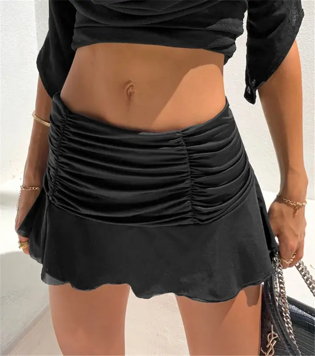 Sweet Temperament High Waist Hip Short Pleated Skirt - Black B