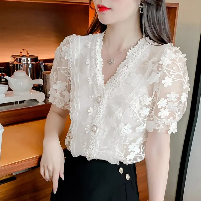 Lace Shirt Three dimensional Flower V Neck Puff Sleeve White - Shop at LoveMi