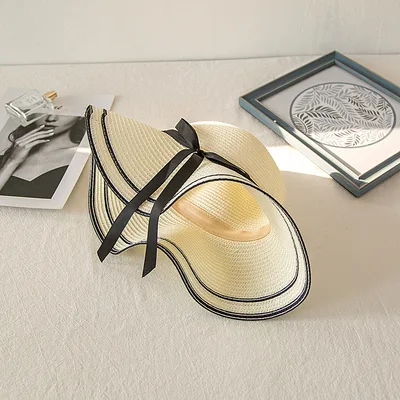 Big Brim Hand Braided Bow Ribbon Straw Hat Women White - Shop at LoveMi