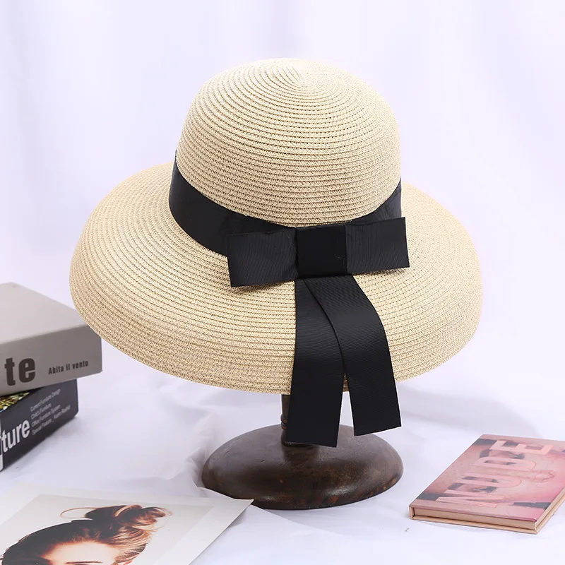 Ladies Sunscreen Sunshade Hepburn Elegant Bow Straw Hat Beige - Shop at LoveMi