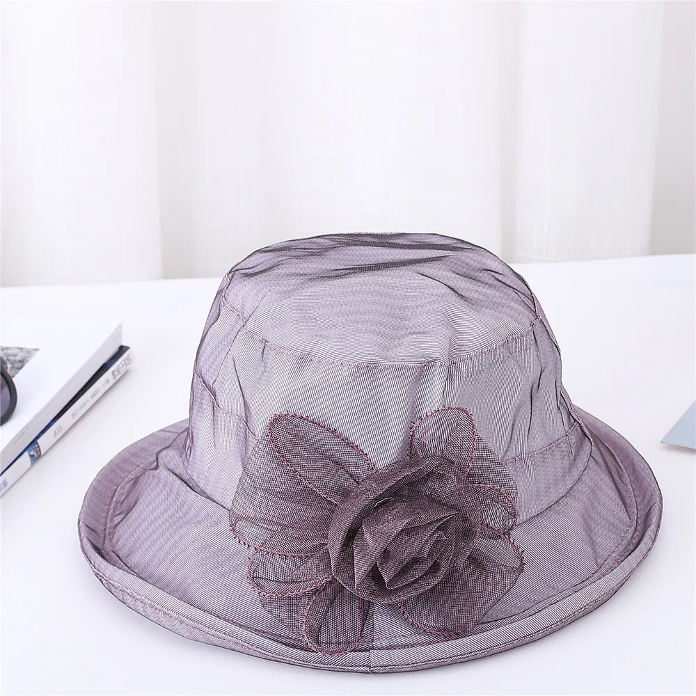 Ladies Organ Mesh Flower Top Hat Shade Foldable - Purple