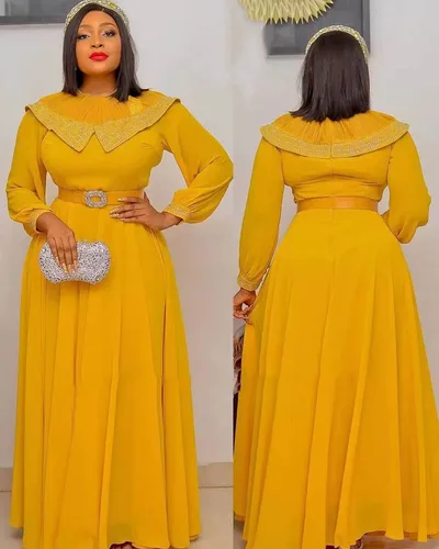 Chiffon Mesh Panel African Dress Long Sleeve Belt Yellow - Shop at LoveMi