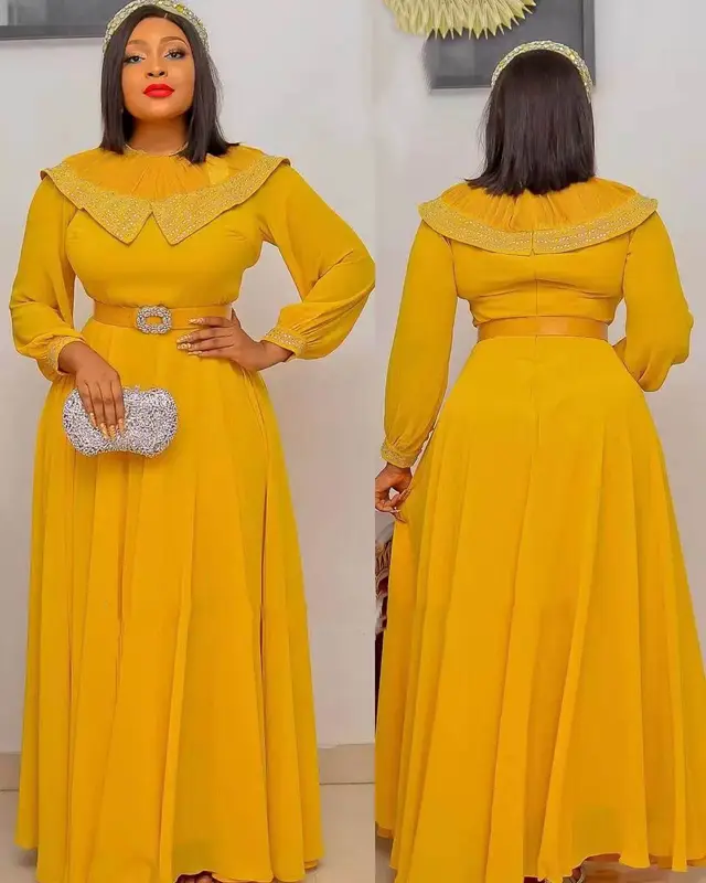 Chiffon Mesh Panel African Dress Long Sleeve Belt Yellow - Shop at LoveMi