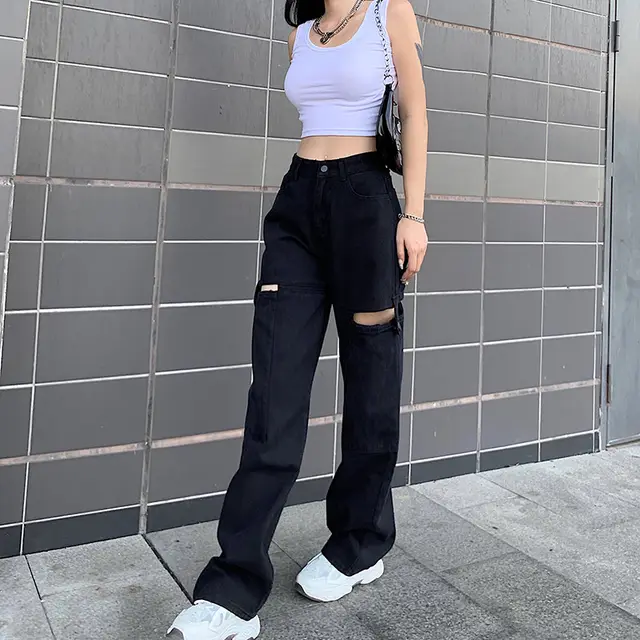 High Waist Slim Straight Wide Leg Casual Jeans Black - Shop at LoveMi