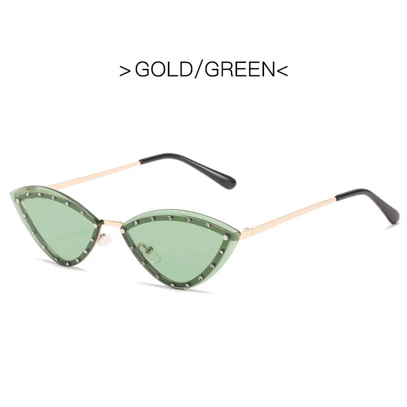 New Women's Fashion Cat Eye Round Triangle Sunglasses Frameless - Golden Green