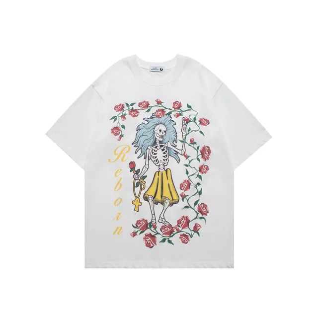 Hip Hop Skull Print Bottoming Short Sleeve T Shirt White - Shop at LoveMi