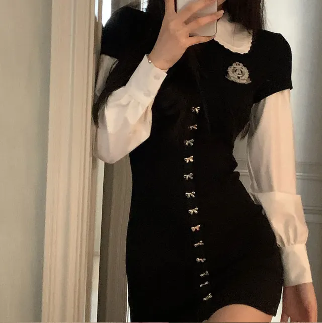 Spicy Shirt Dress Bow Button Slim Short Black - Shop at LoveMi