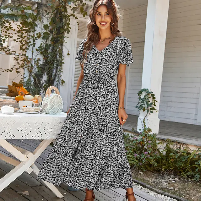 Summer Drawstring Slit Holiday Dress Women's Europe And America Black - Shop at LoveMi