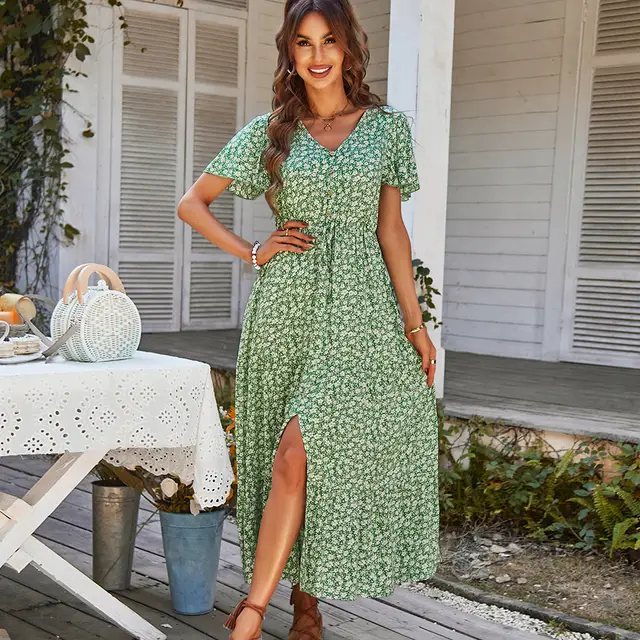 Summer Drawstring Slit Holiday Dress Women's Europe And America Green - Shop at LoveMi