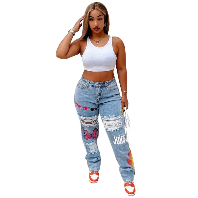 Women's Digital Positioning Print Ripped Fashion Jeans Blue - Shop at LoveMi
