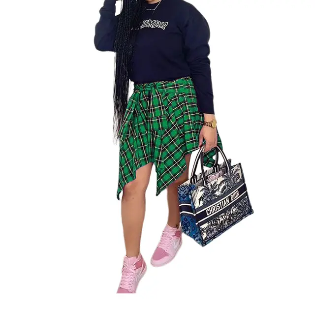 Women's Fashion Irregular Plaid Tie Sleeve Fake Shirt Skirt Green - Shop at LoveMi