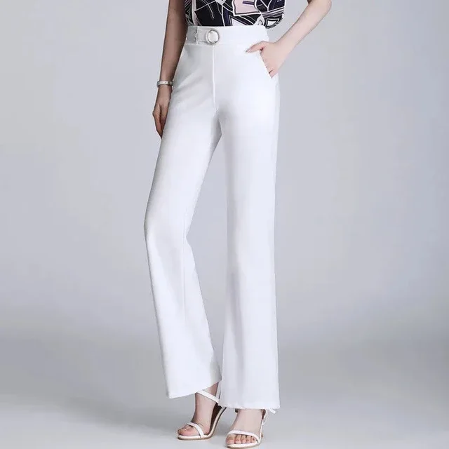 Draped Weave Ice Silk Suit Pants Wide Leg Cropped Flared Trousers White - Shop at LoveMi