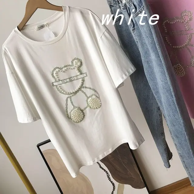 Heavy Industry Hot Drill Bead Short sleeved Bear T shirt Women White - Shop at LoveMi