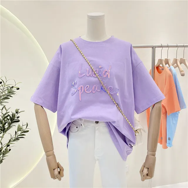 Women's Loose Short sleeved T shirt With Bronzing Letter Design Sense Purple - Shop at LoveMi