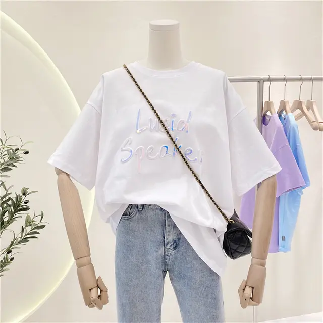 Women's Loose Short sleeved T shirt With Bronzing Letter Design Sense White - Shop at LoveMi