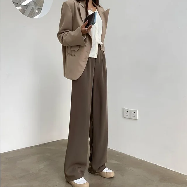 High Waist Vertical Straight Leg Casual Pants Brown - Shop at LoveMi