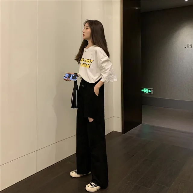 Loose All match Student Drape Ripped Wide leg Pants Black - Shop at LoveMi