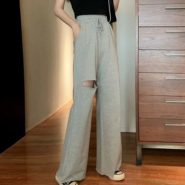Loose All match Student Drape Ripped Wide leg Pants Grey - Shop at LoveMi