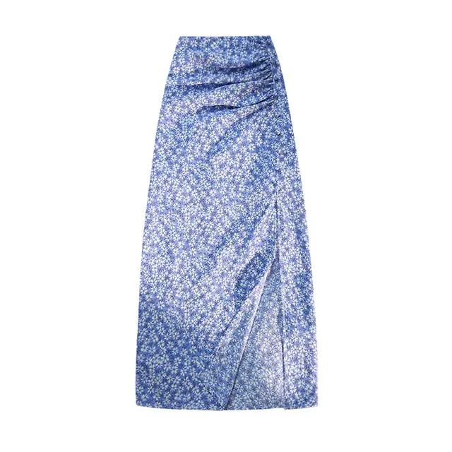 Women's Mid length Split Floral Bag Hip Pleated Skirt Blue - Shop at LoveMi