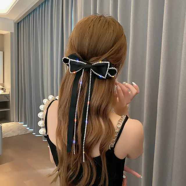 Bow Rhinestone Headband Tassel Hair Clip Black Black - Shop at LoveMi