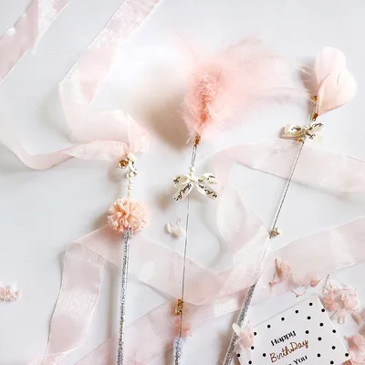 Doudou Cat Stick Ribbon Feather Bell Toy Pink - Shop at LoveMi