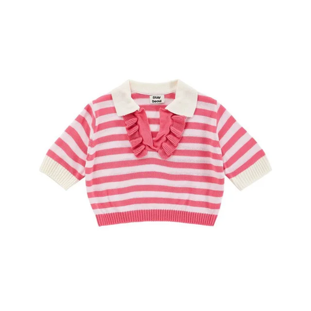 Doll Lapel And Fungus Edge Short Striped Short sleeved Sweater Pink - Shop at LoveMi