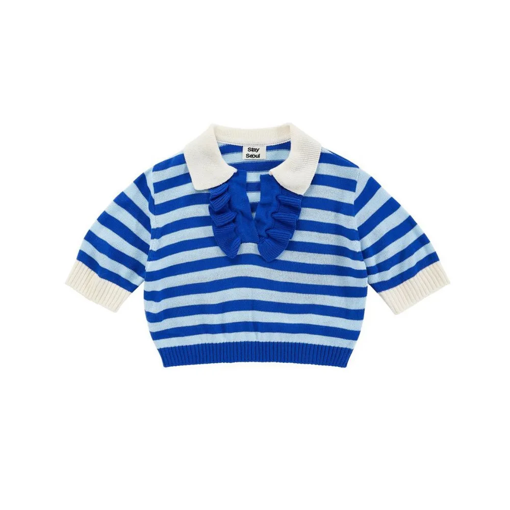 Doll Lapel And Fungus Edge Short Striped Short sleeved Sweater Sky Blue - Shop at LoveMi