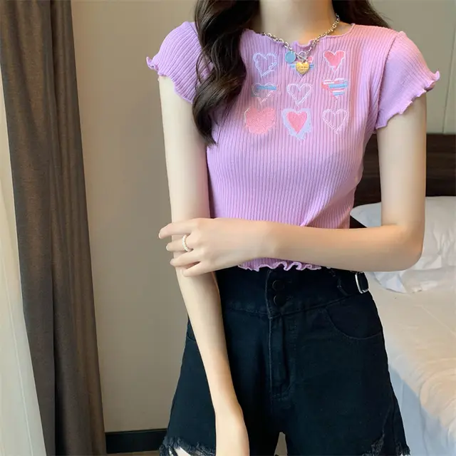 Sweet And Spicy Knitted Short Sleeve T shirt Tight Top Women Violet - Shop at LoveMi