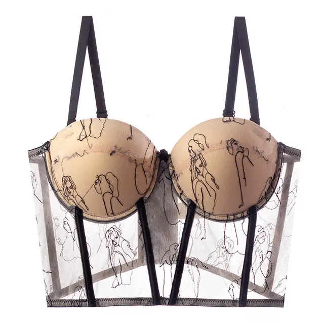 French Portrait Embroidered Mesh Bra Camisole Khaki211216 - Shop at LoveMi