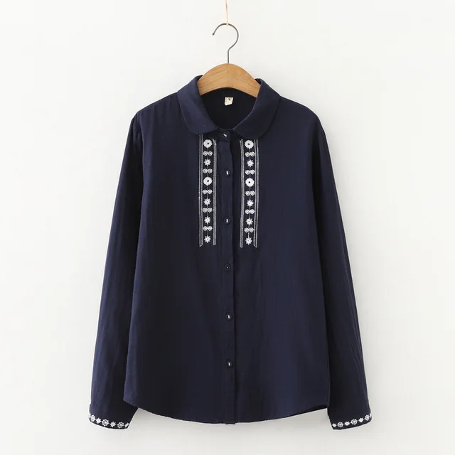 Women's Vintage Embroidered Double Cotton Yarn Long Sleeve Shirt Navy Blue - Shop at LoveMi