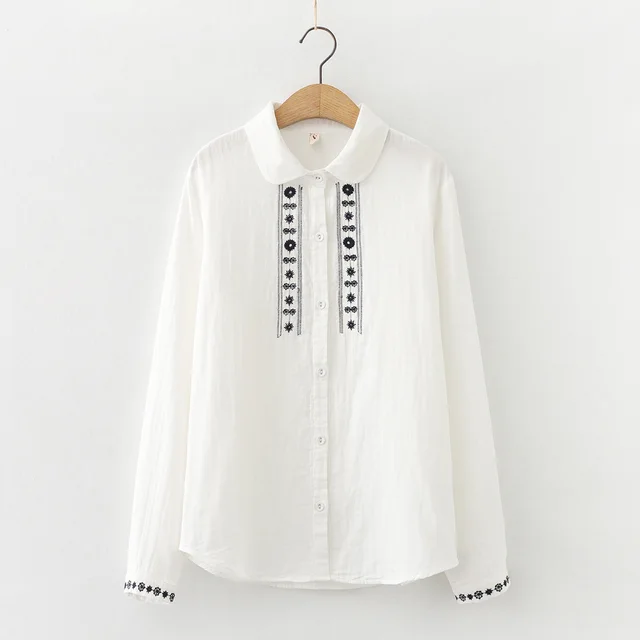 Women's Vintage Embroidered Double Cotton Yarn Long Sleeve Shirt White - Shop at LoveMi