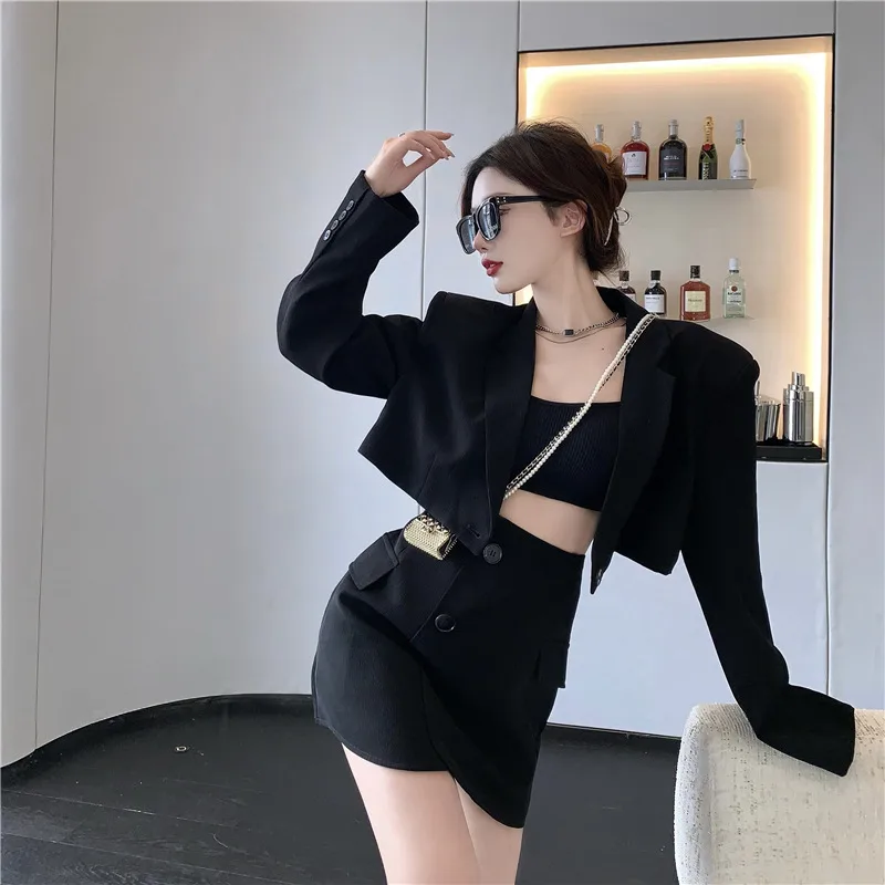 Long Sleeve Jacket Short Temperament Small Suit Fried Street Top Onepiece Black Skirt - Shop at LoveMi