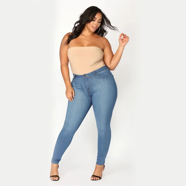 Women's Plus Size Fashion High Elastic Denim Pencil Pants Blue - Shop at LoveMi
