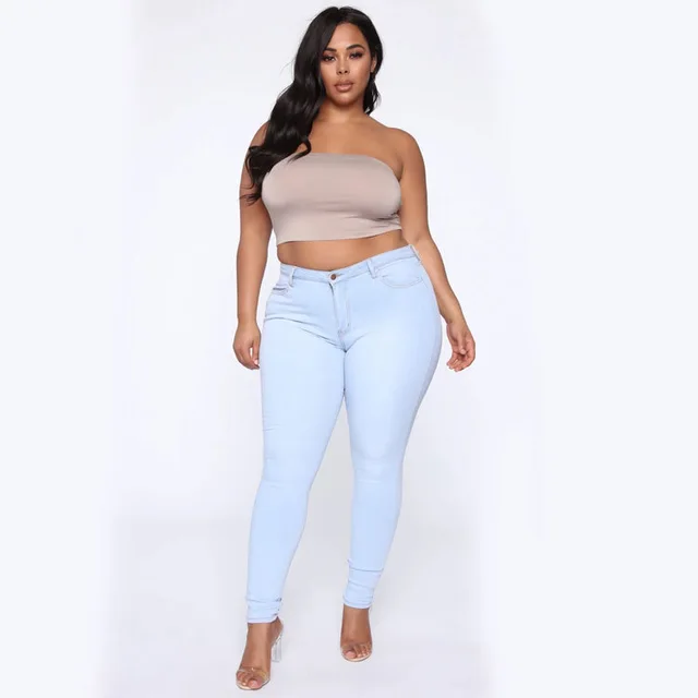 Women's Plus Size Fashion High Elastic Denim Pencil Pants Light Blue - Shop at LoveMi