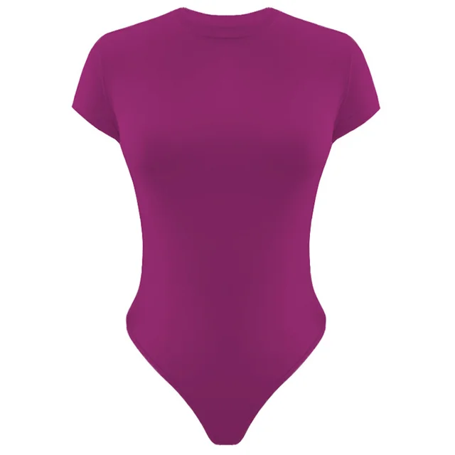 Basic Casual Short sleeved Round Neck Bodysuit Summer Rose Red - Shop at LoveMi