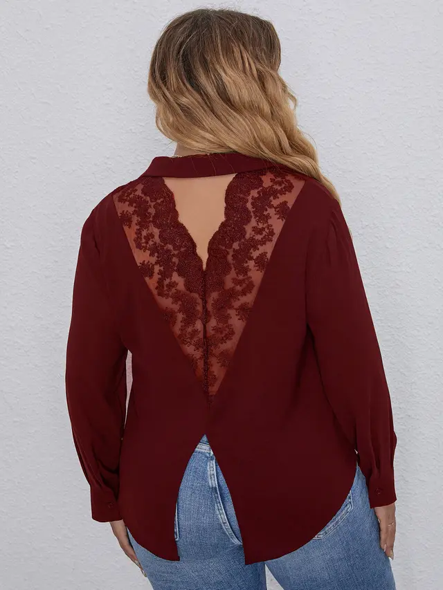 European And American Women's Plus Size Lace Top Wine Red - Shop at LoveMi