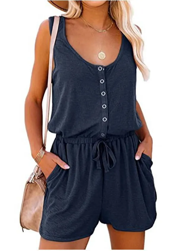European And American Women's Clothing Sleeveless Waist Tie Casual Loose Wide leg Jumpsuit Navy Blue - Shop at LoveMi
