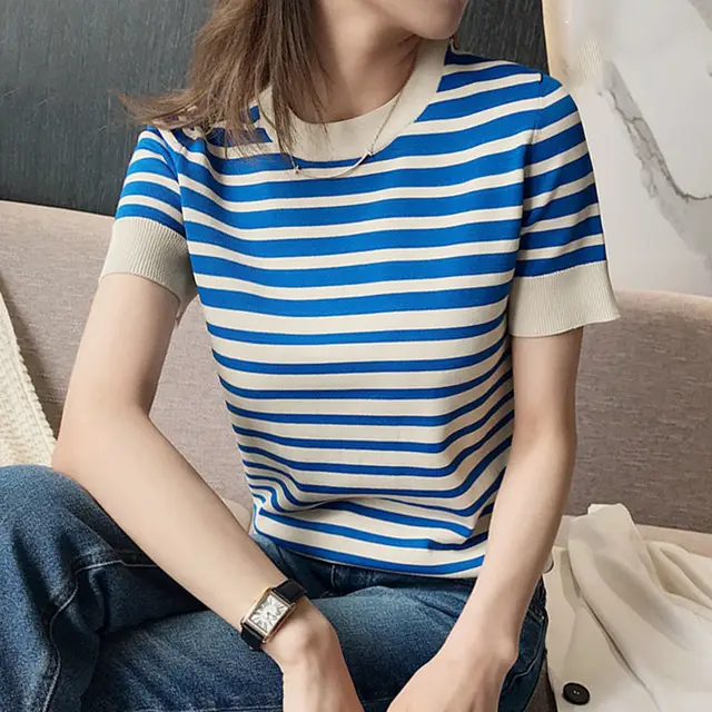 Ice Silk Sweater New Loose Round Neck Striped T shirt Top Women Blue - Shop at LoveMi