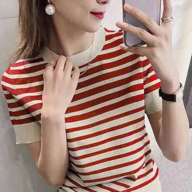 Ice Silk Sweater New Loose Round Neck Striped T shirt Top Women Red - Shop at LoveMi