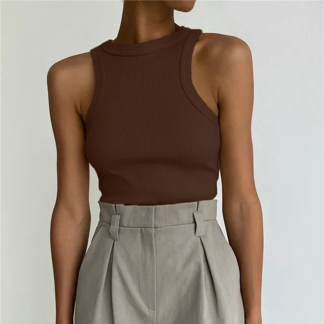 Sleeveless Knitted Vest Cotton Slim Rib Pit Strip Casual Top Brown - Shop at LoveMi