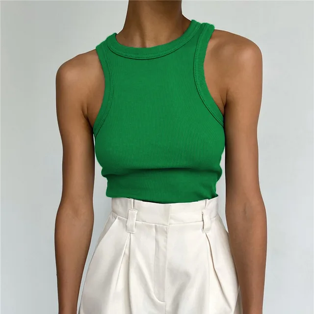 Sleeveless Knitted Vest Cotton Slim Rib Pit Strip Casual Top Green - Shop at LoveMi