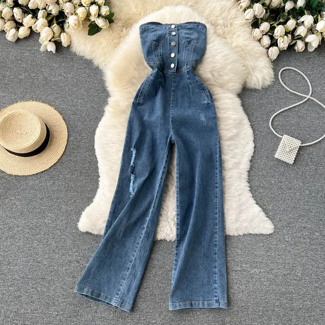 High Waist Denim Tube Top One Piece Wide Leg Pants Women Spring And Summer Blue - Shop at LoveMi