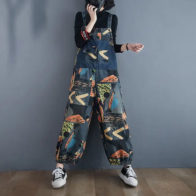 Autumn Literary Large Size Printed Jeans With Overalls Blue - Shop at LoveMi