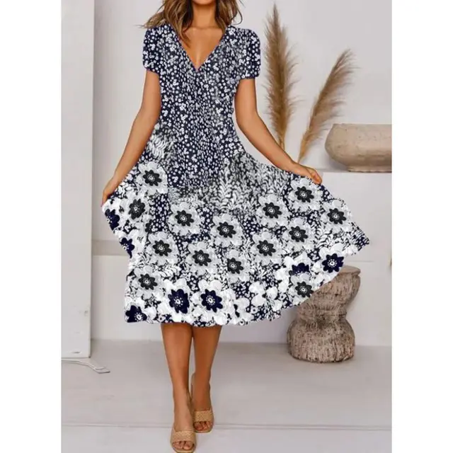 Mid Waist Digital Print V Neck Short Sleeve Dress Black - Shop at LoveMi